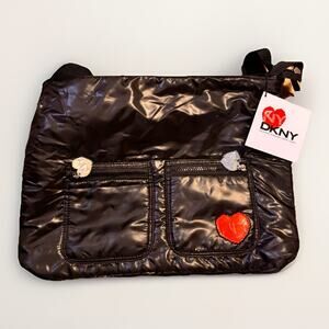 DKNY MYNY Messenger Bag Black Quilted Crossbody Red Heart Patch New w Tags